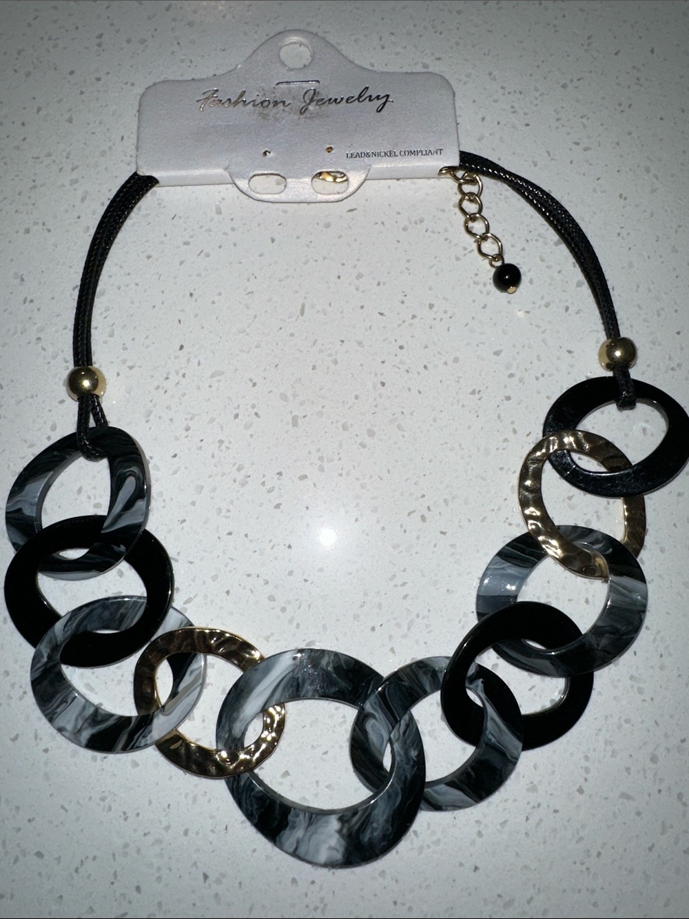 Fashion Costume Jewelry Bold Statement Black, Gray & Gold Marbled Link Necklace